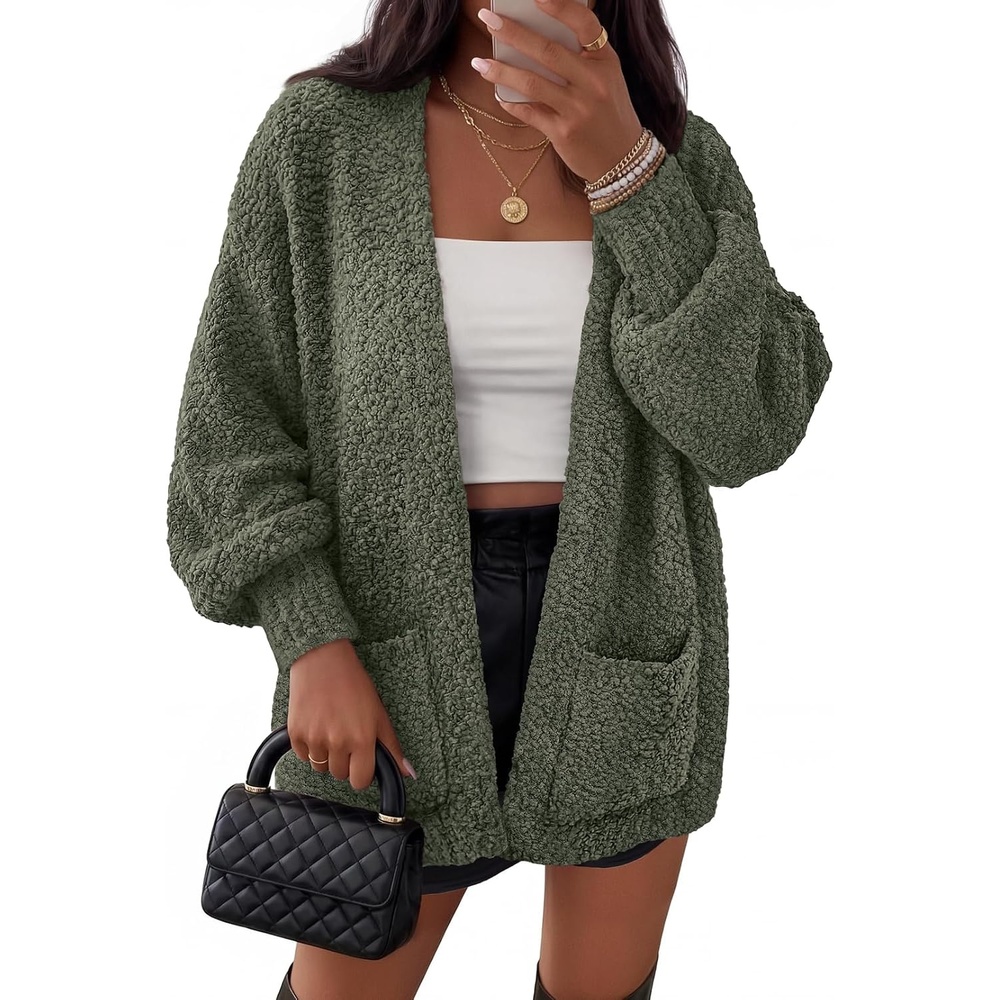image:imageMEROKEETY Womens Fuzzy Popcorn Oversized Sherpa Chenille Cardigan SweatersOlive
