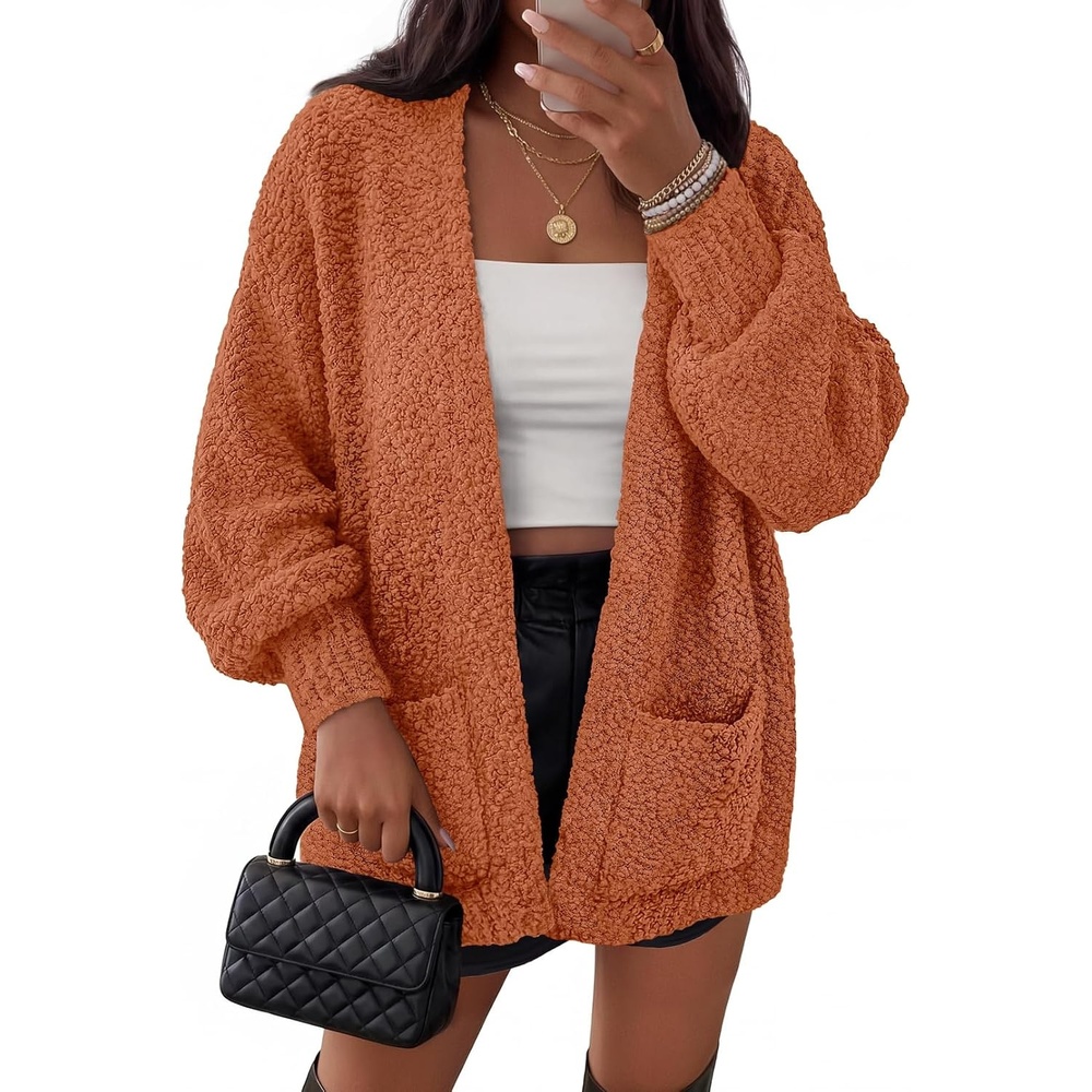 image:imageMEROKEETY Womens Fuzzy Popcorn Oversized Sherpa Chenille Cardigan SweatersOrange