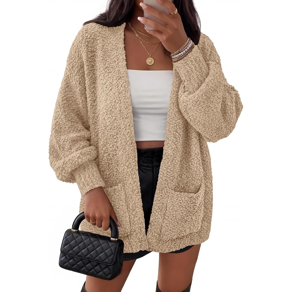 image:imageMEROKEETY Womens Fuzzy Popcorn Oversized Sherpa Chenille Cardigan SweatersSand