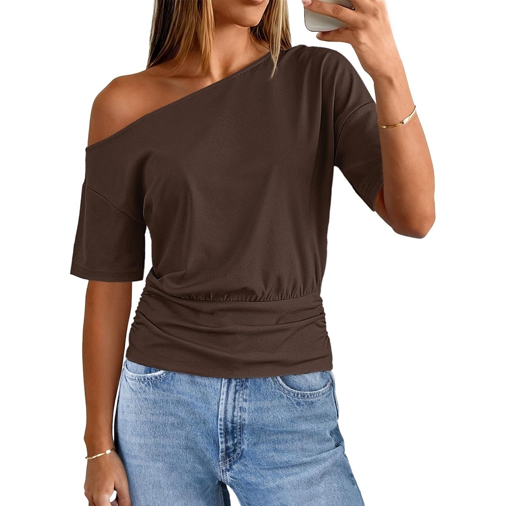 image:imageMEROKEETY Womens Off The Shoulder Summer Short Sleeve Going Out Y2k TopsChocolate