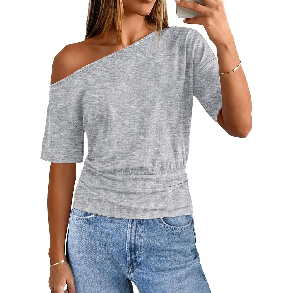 image:imageMEROKEETY Womens Off The Shoulder Summer Short Sleeve Going Out Y2k TopsGrey