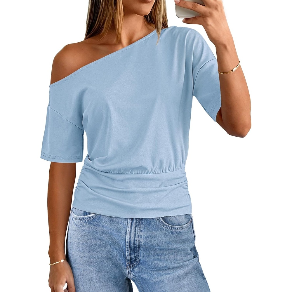 image:imageMEROKEETY Womens Off The Shoulder Summer Short Sleeve Going Out Y2k TopsLightblue