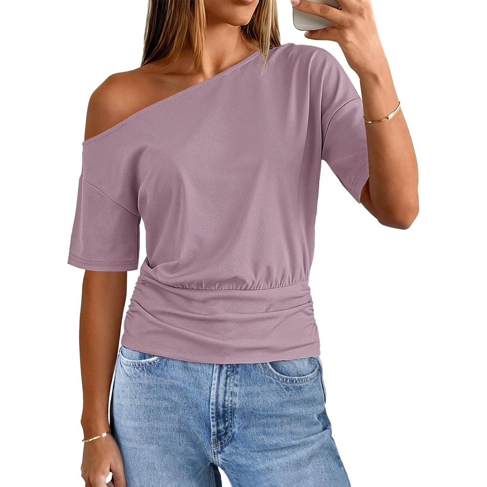 image:imageMEROKEETY Womens Off The Shoulder Summer Short Sleeve Going Out Y2k TopsLightpurple