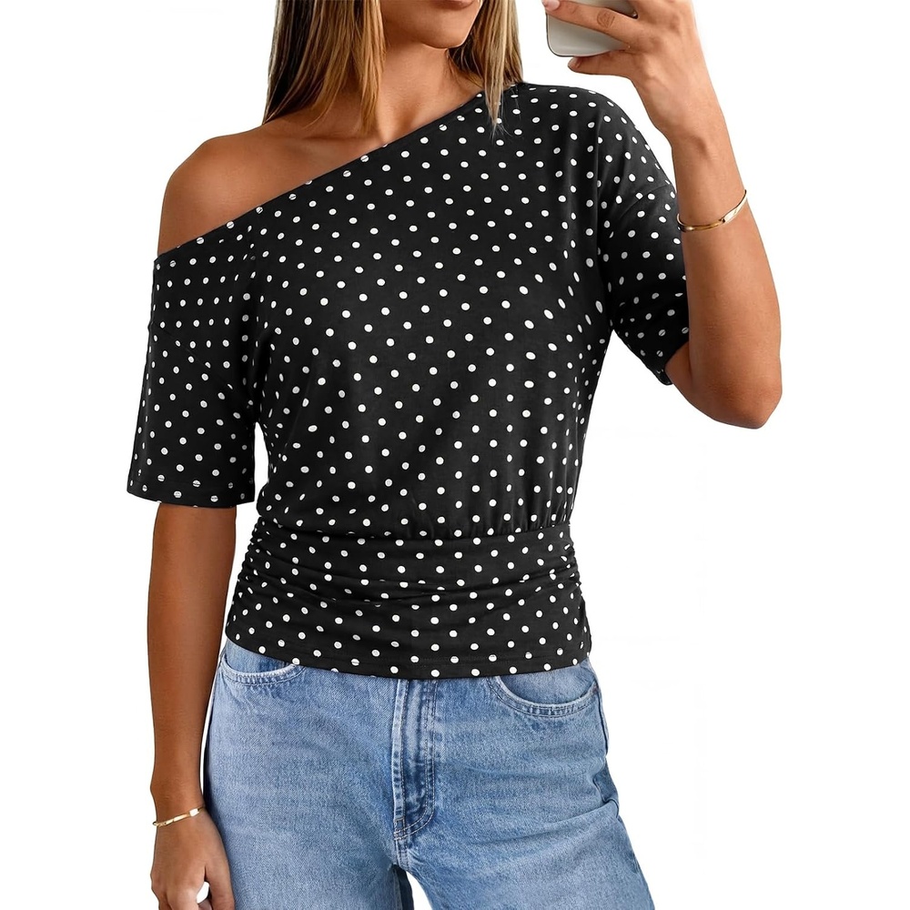 image:imageMEROKEETY Womens Off The Shoulder Summer Short Sleeve Going Out Y2k TopsPolkadotblack