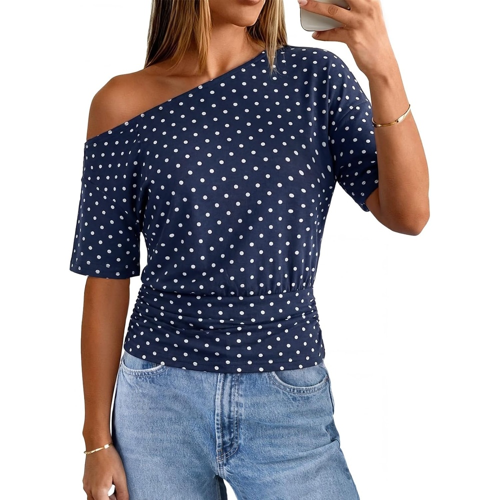 image:imageMEROKEETY Womens Off The Shoulder Summer Short Sleeve Going Out Y2k TopsPolkadotnavy