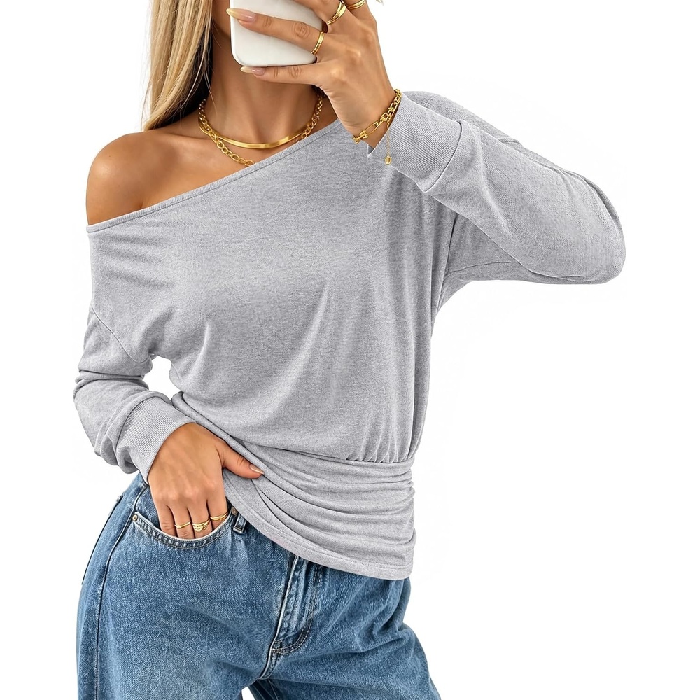 image:imageMEROKEETY Womens Off The Shoulder Tops Long Sleeve Fall Going Out ShirtsGrey