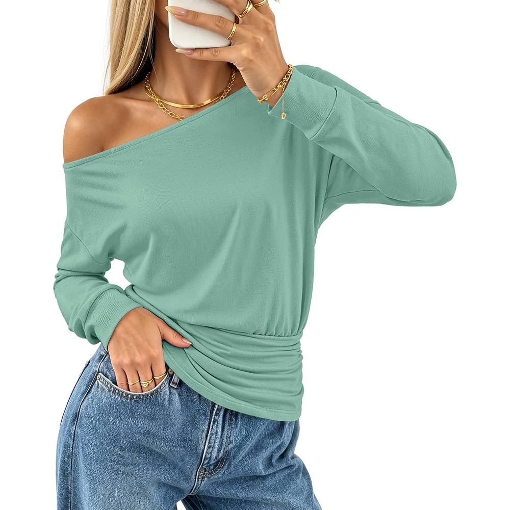 image:imageMEROKEETY Womens Off The Shoulder Tops Long Sleeve Fall Going Out ShirtsSage