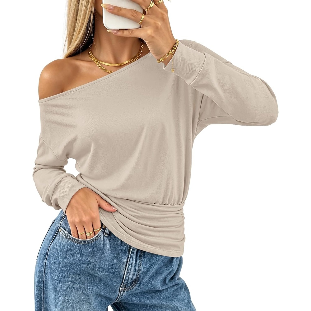 image:imageMEROKEETY Womens Off The Shoulder Tops Long Sleeve Fall Going Out ShirtsSand