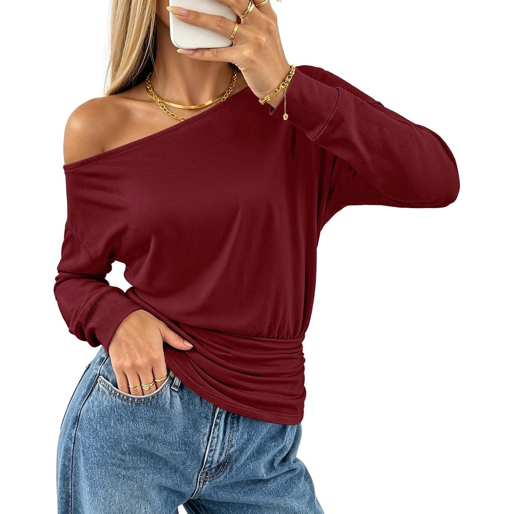image:imageMEROKEETY Womens Off The Shoulder Tops Long Sleeve Fall Going Out ShirtsWine