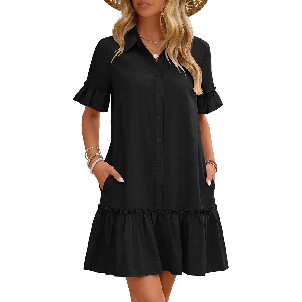 image:imageMEROKEETY Womens Summer Casual Tshirt Dress Button Down Shift Mini DressesBlack