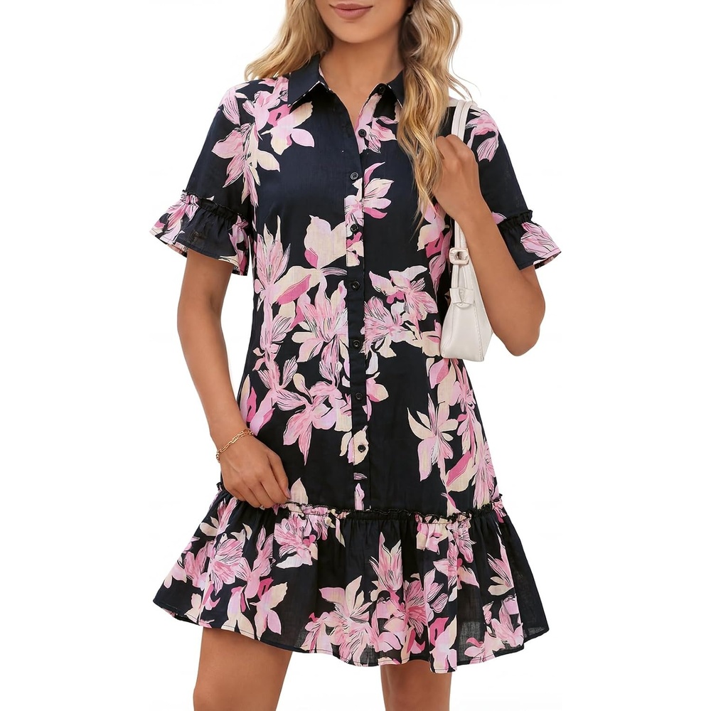image:imageMEROKEETY Womens Summer Casual Tshirt Dress Button Down Shift Mini DressesFloral Black