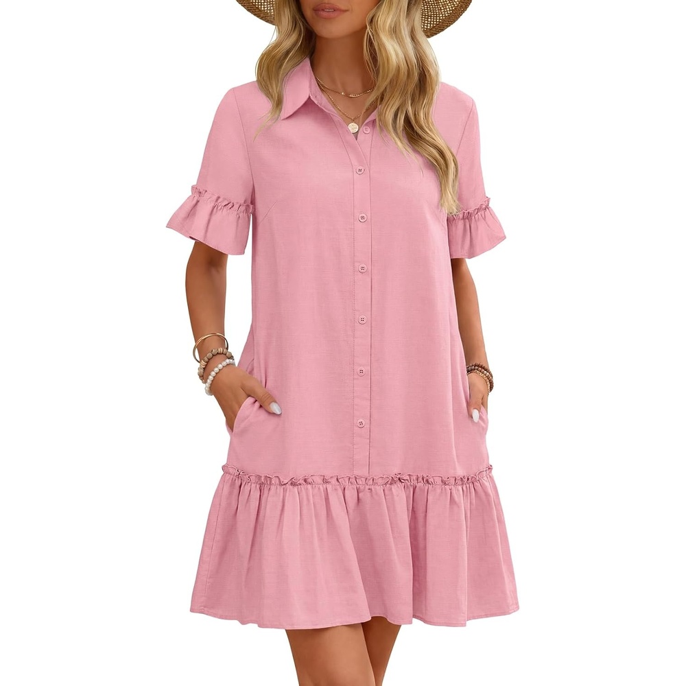 image:imageMEROKEETY Womens Summer Casual Tshirt Dress Button Down Shift Mini DressesPink