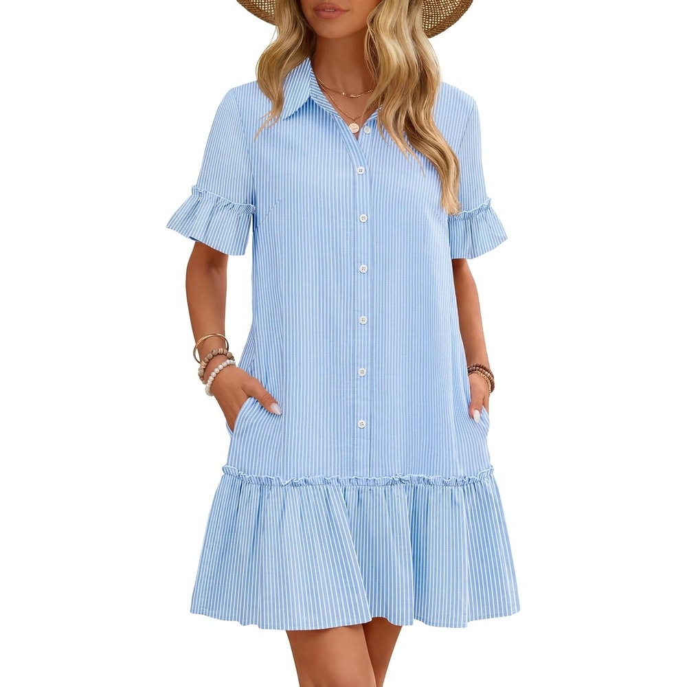 image:imageMEROKEETY Womens Summer Casual Tshirt Dress Button Down Shift Mini DressesStriped Blue