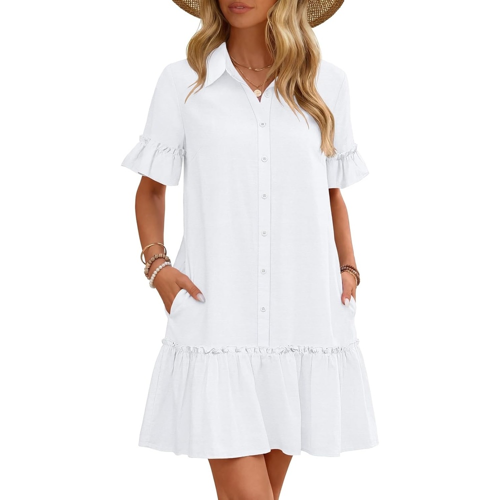 image:imageMEROKEETY Womens Summer Casual Tshirt Dress Button Down Shift Mini DressesWhite