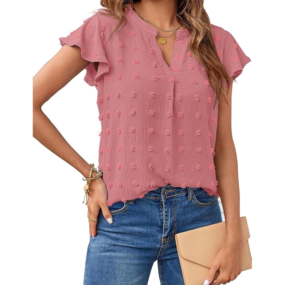 image:imageMEROKEETY Womens Summer Ruffle Sleeve V Neck Blouse Casual ShirtsCoral Red