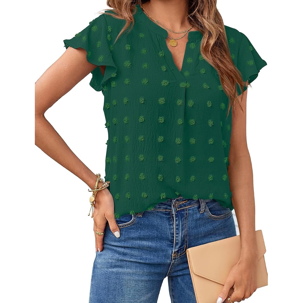 image:imageMEROKEETY Womens Summer Ruffle Sleeve V Neck Blouse Casual ShirtsDark Green