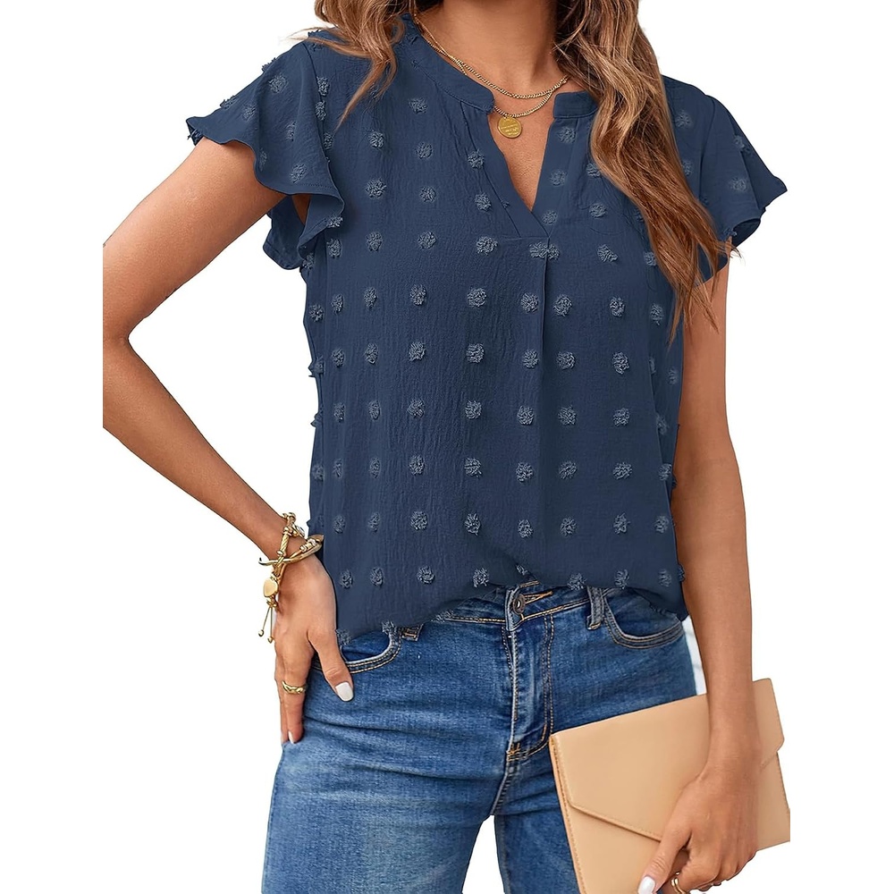 image:imageMEROKEETY Womens Summer Ruffle Sleeve V Neck Blouse Casual ShirtsDusty Navy