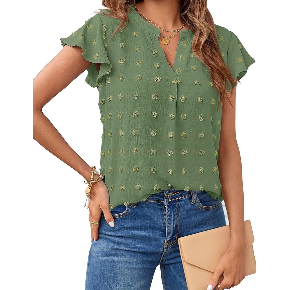 image:imageMEROKEETY Womens Summer Ruffle Sleeve V Neck Blouse Casual ShirtsGreen