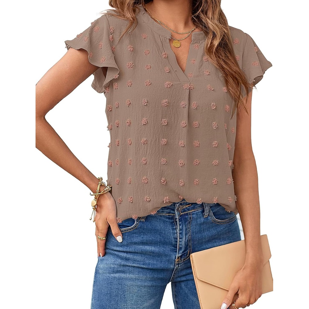 image:imageMEROKEETY Womens Summer Ruffle Sleeve V Neck Blouse Casual ShirtsMocha