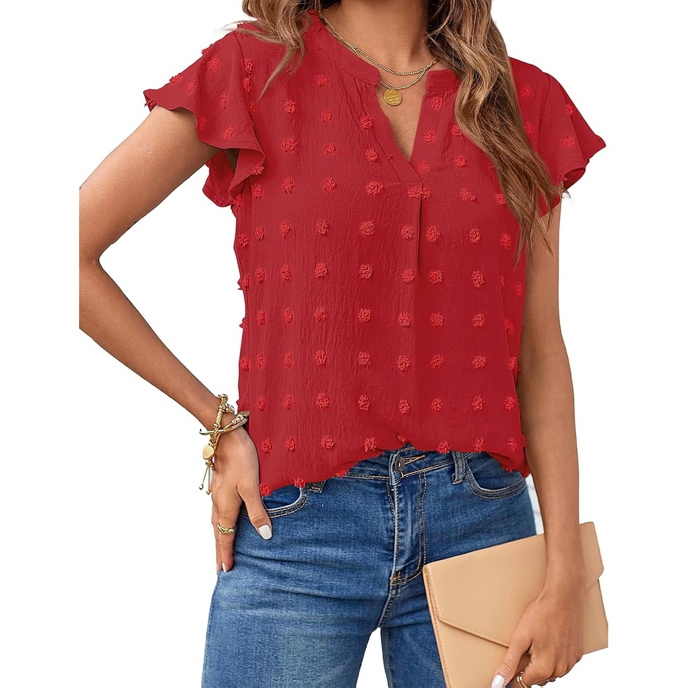 image:imageMEROKEETY Womens Summer Ruffle Sleeve V Neck Blouse Casual ShirtsRed