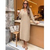 MEROKEETY Women’s Fall Long Sleeve Midi Sweater Dress V Neck Knit Dresses(Oatmeal)
