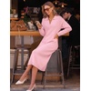 MEROKEETY Women’s Fall Long Sleeve Midi Sweater Dress V Neck Knit Dresses(Pink)