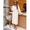 MEROKEETY Women’s Fall Long Sleeve Midi Sweater Dress V Neck Knit Dresses(White)