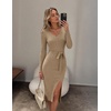 MEROKEETY Womens Fall Long Sleeve V Neck Cable Knit Midi Sweater Dress 2026(Khaki)