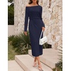 MEROKEETY Women’s Fall Off Shoulder Long Sleeve Wedding Guest Midi Dress(Navy)