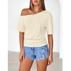 MEROKEETY Women’s Off The Shoulder Summer Short Sleeve Going Out Y2k Tops(Beige)