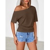 MEROKEETY Women’s Off The Shoulder Summer Short Sleeve Going Out Y2k Tops(Brown)