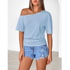 MEROKEETY Women’s Off The Shoulder Summer Short Sleeve Going Out Y2k Tops(Lightblue)