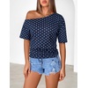 MEROKEETY Women’s Off The Shoulder Summer Short Sleeve Going Out Y2k Tops(Polkadot-navy)