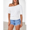MEROKEETY Women’s Off The Shoulder Summer Short Sleeve Going Out Y2k Tops(White)