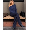 MEROKEETY Women’s Off The Shoulder Tops Long Sleeve Fall Going Out Shirts(Navy)