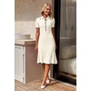 MEROKEETY Womens Summer Ribbed Work V Neck Bodycon Midi Dress 2026(Beige)