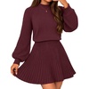 MEROKEETY Womens Fall Dress 2 Piece Outfits Mini Skirt Set Sweater Dresses(Wine)