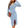 MEROKEETY Womens Fall Long Sleeve V Neck Cable Knit Midi Sweater Dress 2026(Blue)