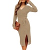 MEROKEETY Womens Fall Long Sleeve V Neck Cable Knit Midi Sweater Dress 2026(Khaki)