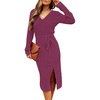 MEROKEETY Womens Fall Long Sleeve V Neck Cable Knit Midi Sweater Dress 2026(Raspberry)