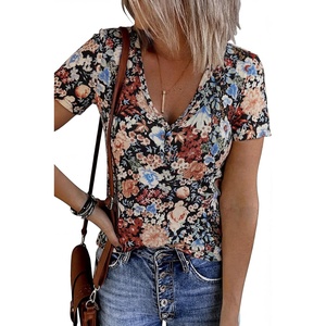 MEROKEETY Womens 2026 Summer Short Sleeve Tops Casual T Shirts(Blackfloral)