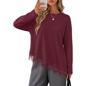 MEROKEETY Womens Fall Asymmetric Lace Long Sleeve Top Casual Cute Shirts(Burgundy)