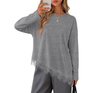 MEROKEETY Womens Fall Asymmetric Lace Long Sleeve Top Casual Cute Shirts(Grey)