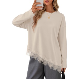 MEROKEETY Womens Fall Asymmetric Lace Long Sleeve Top Casual Cute Shirts(Sand)