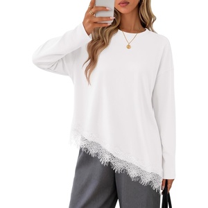 MEROKEETY Womens Fall Asymmetric Lace Long Sleeve Top Casual Cute Shirts(White)