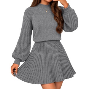 MEROKEETY Womens Fall Dress 2 Piece Outfits Mini Skirt Set Sweater Dresses(Grey)