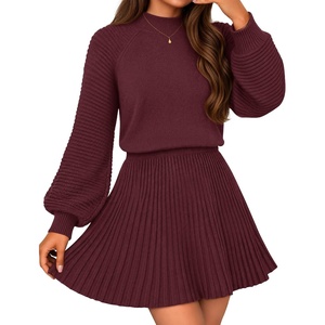 MEROKEETY Womens Fall Dress 2 Piece Outfits Mini Skirt Set Sweater Dresses(Wine)