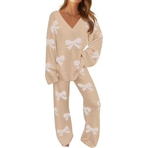 MEROKEETY Women’s Fall Fleece 2 Piece Outfits Pajama Lounge Sets(Bowkhaki)