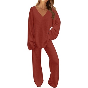 MEROKEETY Women’s Fall Fleece 2 Piece Outfits Pajama Lounge Sets(Brickred)