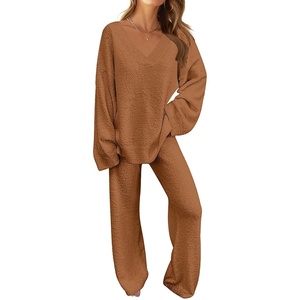 MEROKEETY Women’s Fall Fleece 2 Piece Outfits Pajama Lounge Sets(Brown)